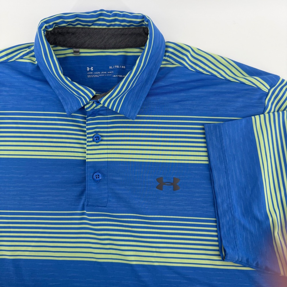 Under Armour Mens XL HeatGear Loose Striped Polo Shirt Blue‎ Green Short Sleeve